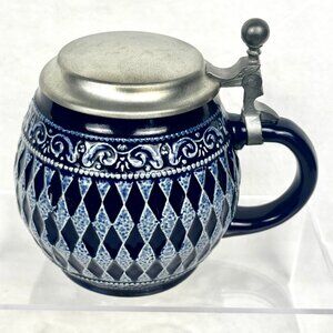 Vtg Marzi & Remy German Cobalt Blue Diamond Pattern Ceramic Beer Stein Rein Zinn